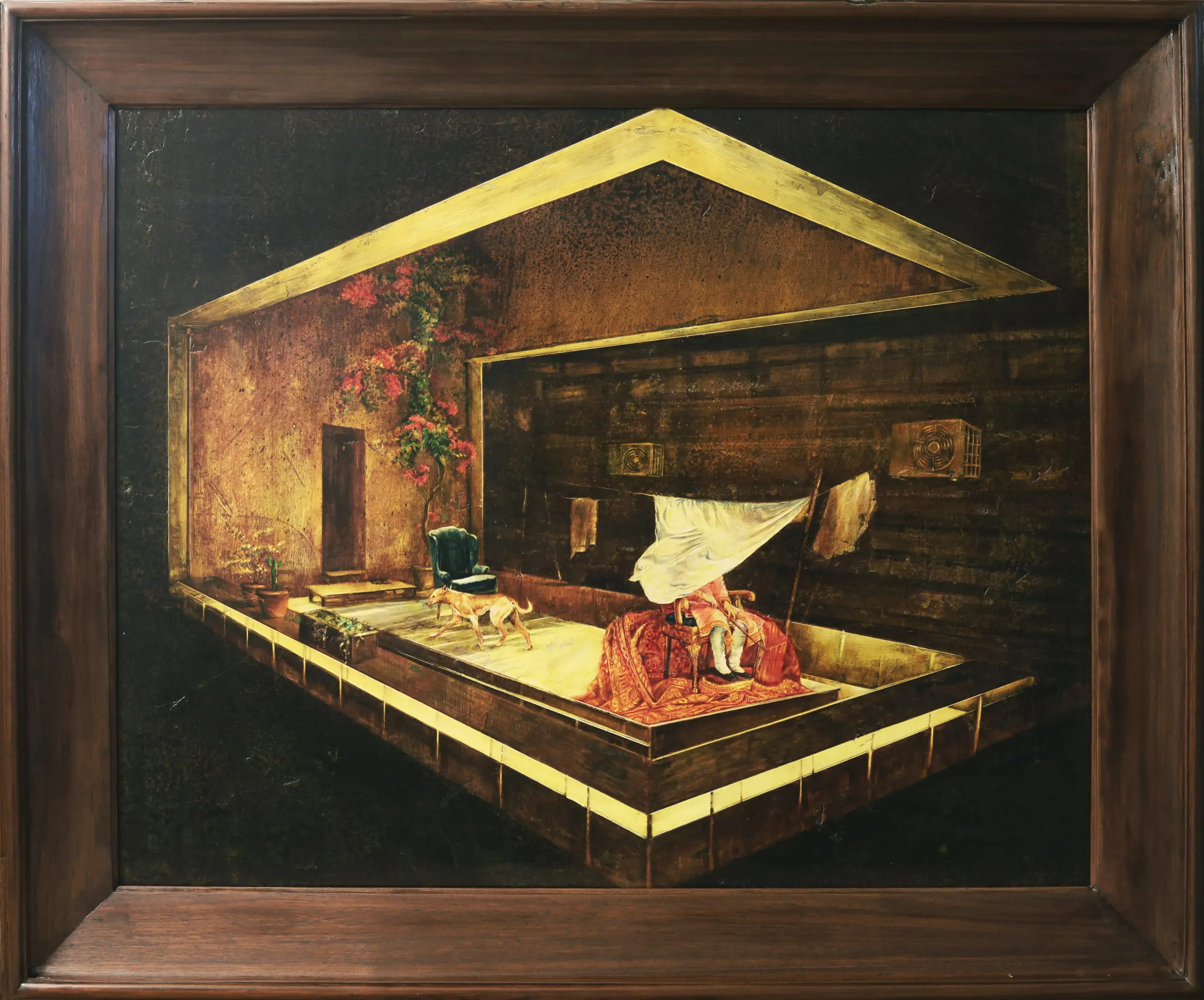 Masquerade2 In the throes of a lost glory with frame 49x41 inch, Tempera on Canvas Board