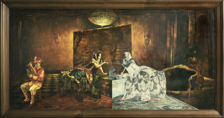 Masquerade6 Silences and Sentences in chrome and monochrome, with frame 102x54 inch, Tempera on Canvas Board