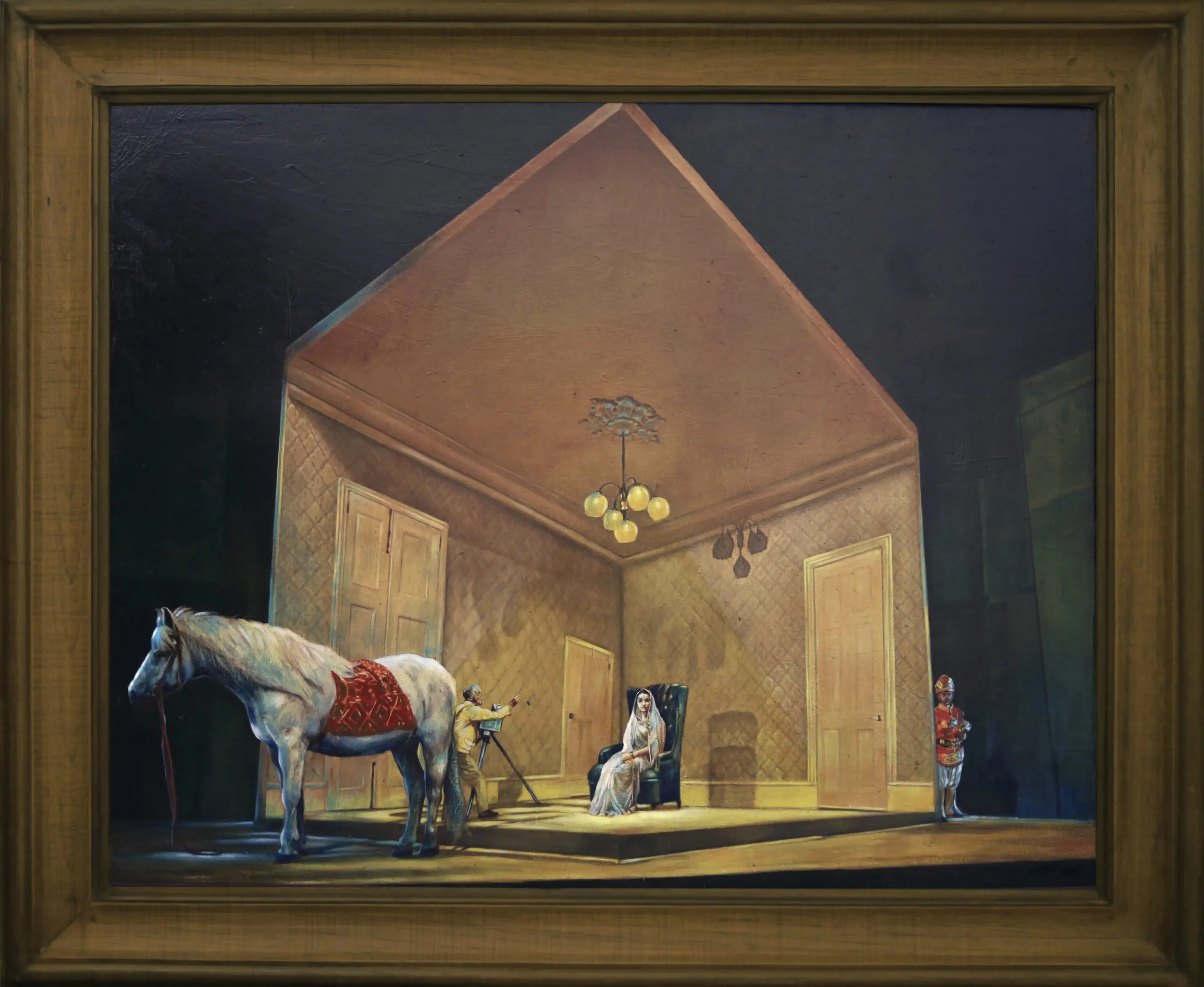 Masquerade7 Perfected poses, Prominence and Obscurity with frame 52x43 inch, Tempera on Canvas Board