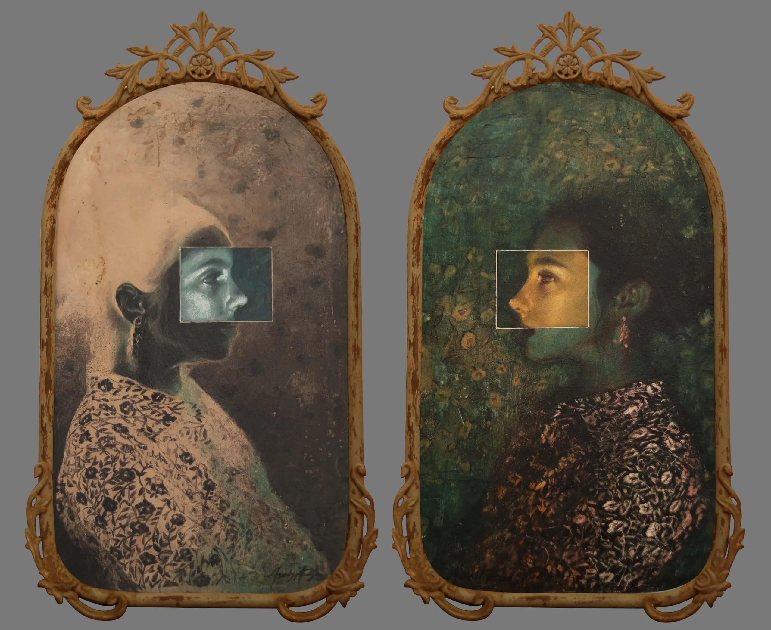 Masquerade8 , Veering moods and conversations,with frame 12 x 23 inches, Tempera on Canvas Board